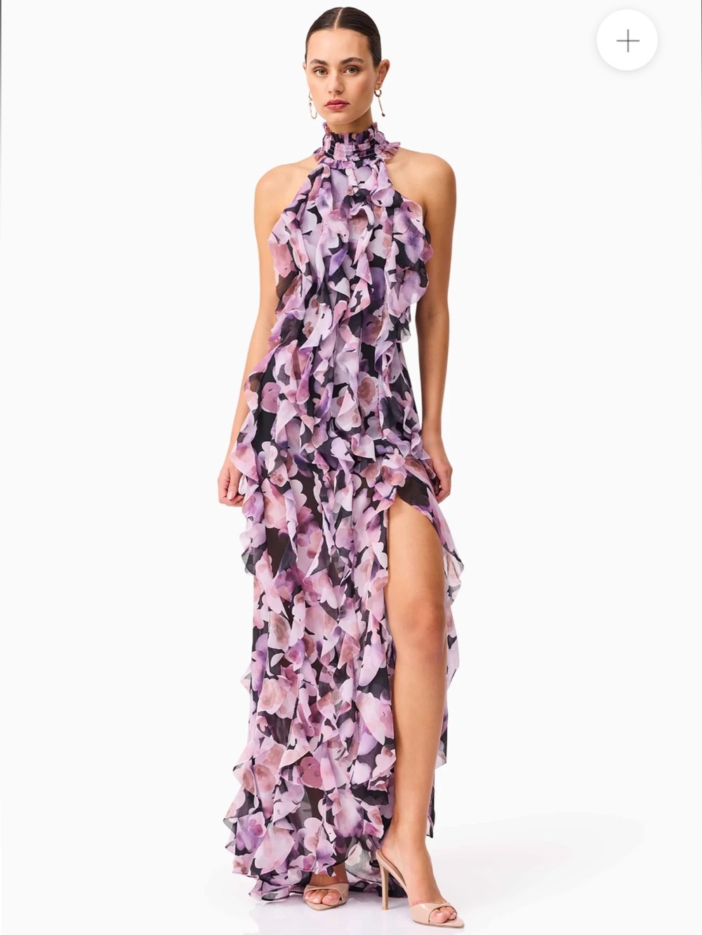 elliatt solene purple & black floral print halter tiered maxi gown dress medium - Picture 3 of 13
